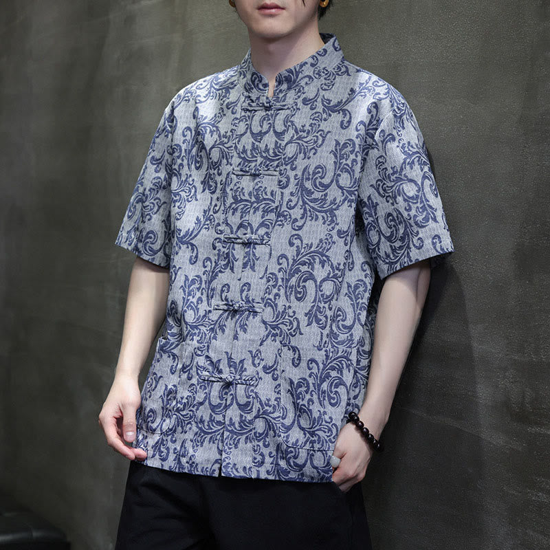 Nimara Ritual Summer Floral Vine Pattern Tang Suit Men's Frog-Button Short Sleeve Shirt With Pockets