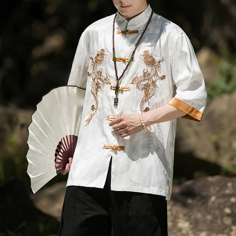 Nimara Ritual Embroidered Dragon Pattern Colorblock Design Tang Suit Men's Frog-Button Half Sleeve Shirt