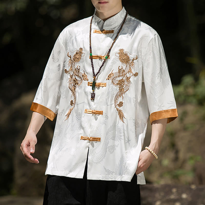 Nimara Ritual Embroidered Dragon Pattern Colorblock Design Tang Suit Men's Frog-Button Half Sleeve Shirt