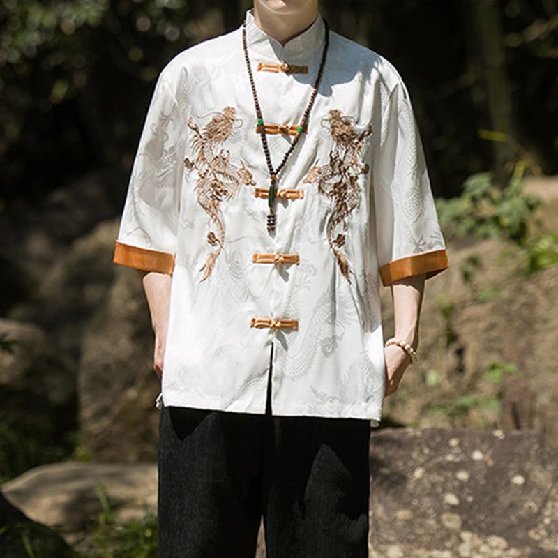 Nimara Ritual Embroidered Dragon Pattern Colorblock Design Tang Suit Men's Frog-Button Half Sleeve Shirt