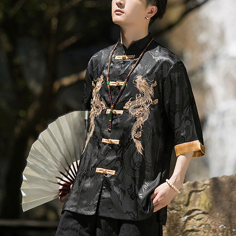 Nimara Ritual Embroidered Dragon Pattern Colorblock Design Tang Suit Men's Frog-Button Half Sleeve Shirt