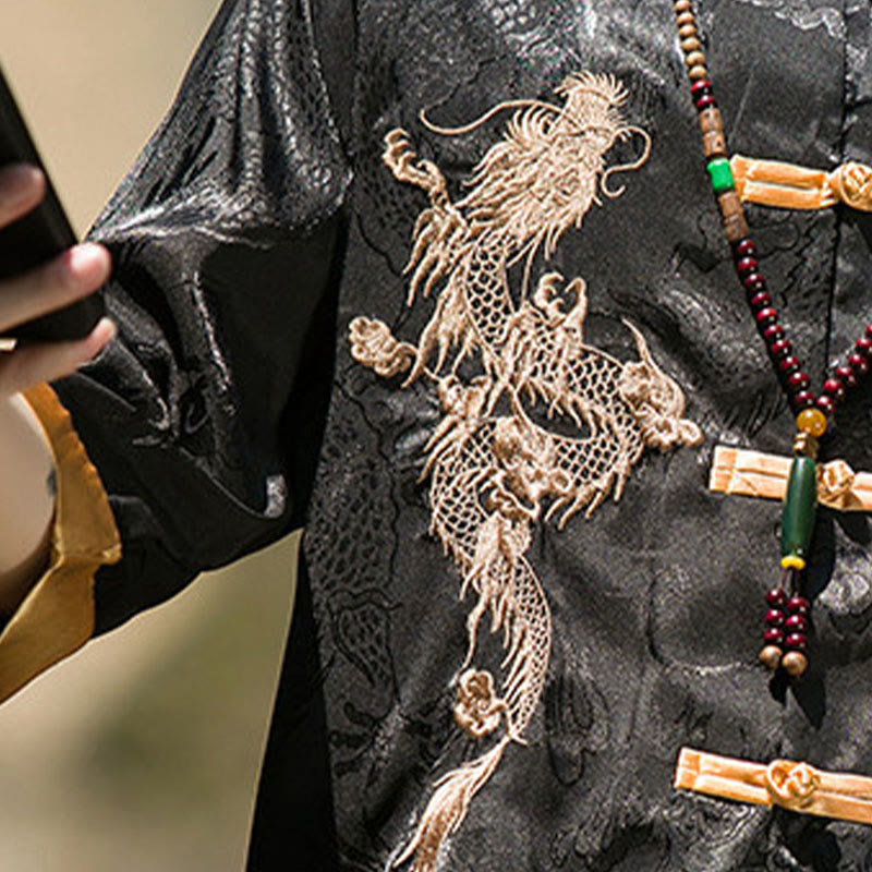Nimara Ritual Embroidered Dragon Pattern Colorblock Design Tang Suit Men's Frog-Button Half Sleeve Shirt