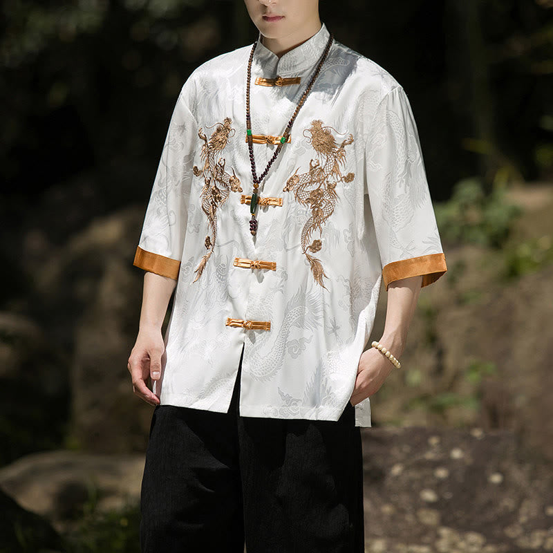 Nimara Ritual Embroidered Dragon Pattern Colorblock Design Tang Suit Men's Frog-Button Half Sleeve Shirt