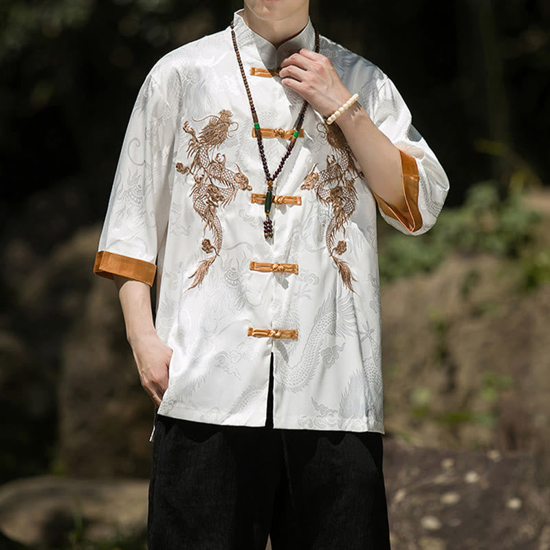 Nimara Ritual Embroidered Dragon Pattern Colorblock Design Tang Suit Men's Frog-Button Half Sleeve Shirt