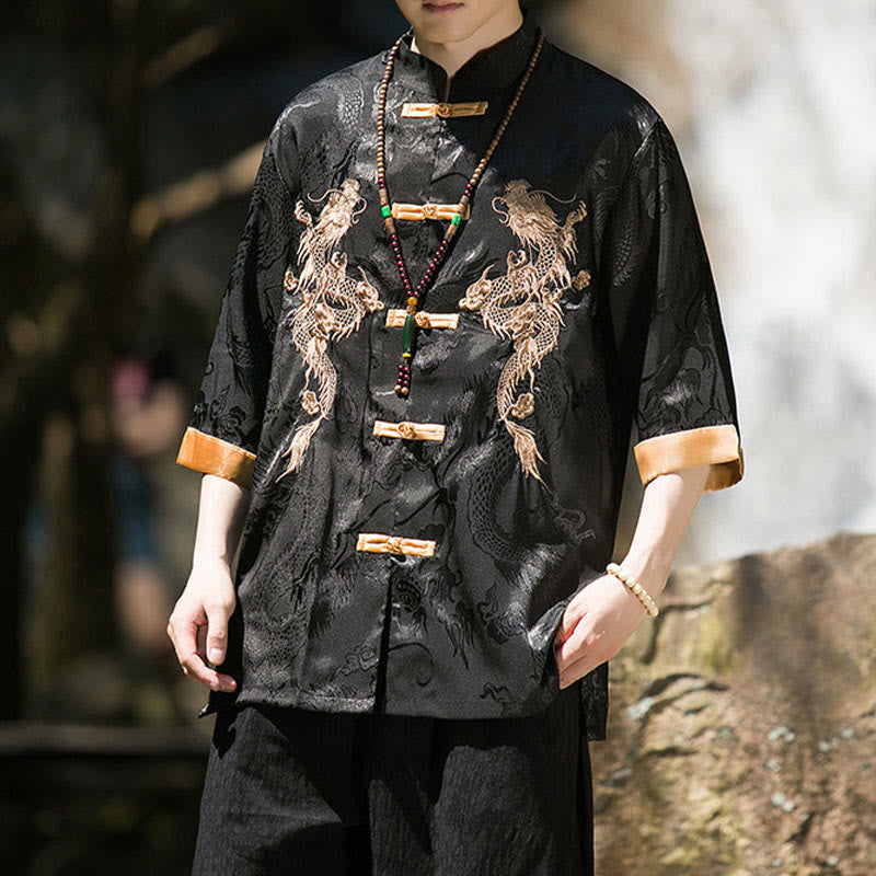 Nimara Ritual Embroidered Dragon Pattern Colorblock Design Tang Suit Men's Frog-Button Half Sleeve Shirt
