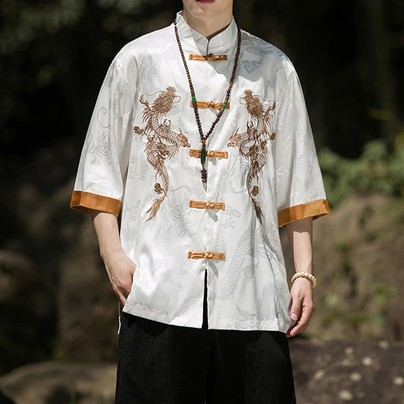 Nimara Ritual Embroidered Dragon Pattern Colorblock Design Tang Suit Men's Frog-Button Half Sleeve Shirt