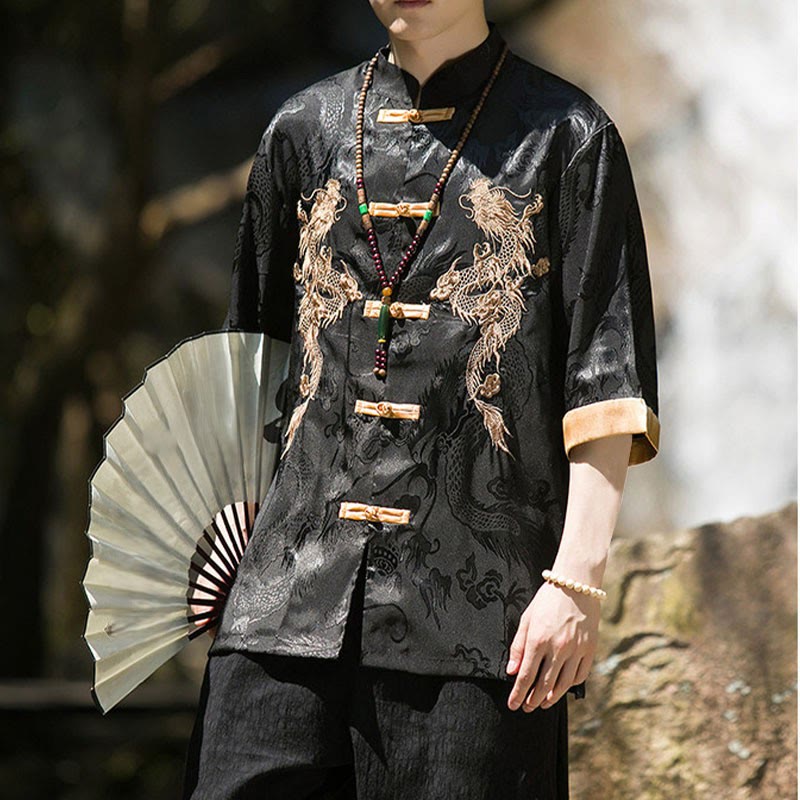 Nimara Ritual Embroidered Dragon Pattern Colorblock Design Tang Suit Men's Frog-Button Half Sleeve Shirt