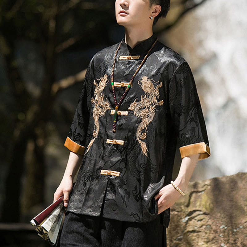 Nimara Ritual Embroidered Dragon Pattern Colorblock Design Tang Suit Men's Frog-Button Half Sleeve Shirt