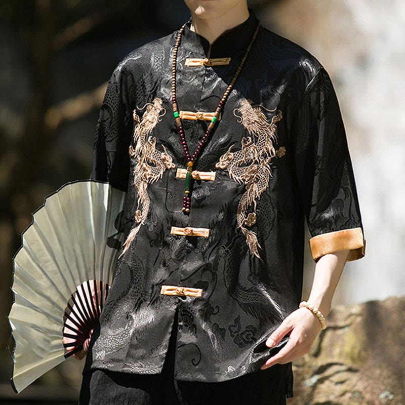 Nimara Ritual Embroidered Dragon Pattern Colorblock Design Tang Suit Men's Frog-Button Half Sleeve Shirt