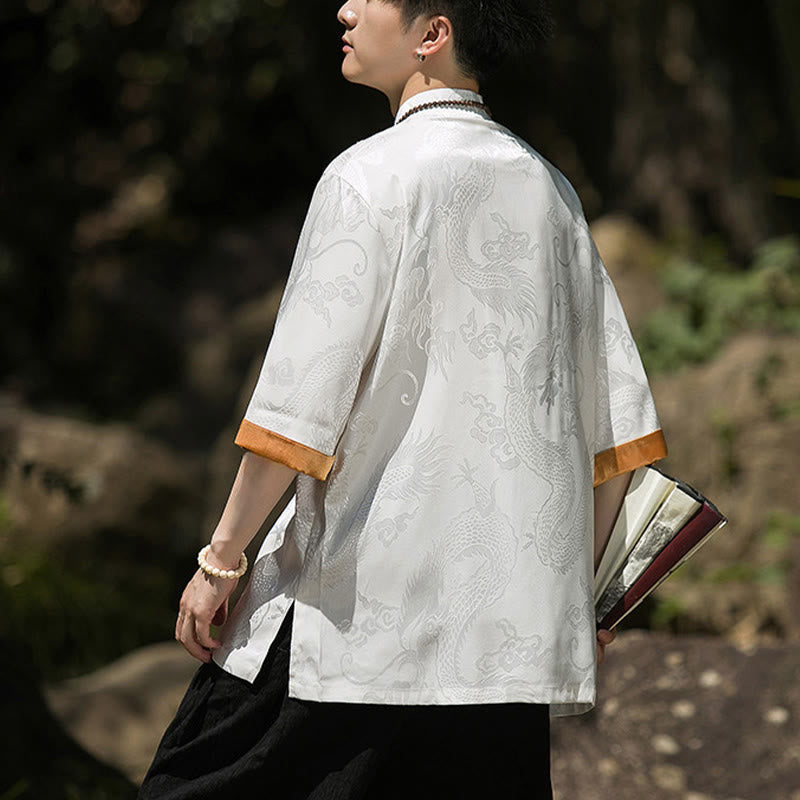Nimara Ritual Embroidered Dragon Pattern Colorblock Design Tang Suit Men's Frog-Button Half Sleeve Shirt