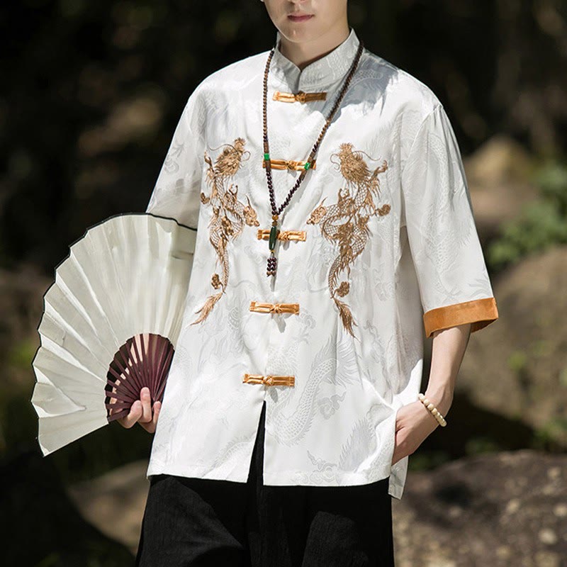 Nimara Ritual Embroidered Dragon Pattern Colorblock Design Tang Suit Men's Frog-Button Half Sleeve Shirt