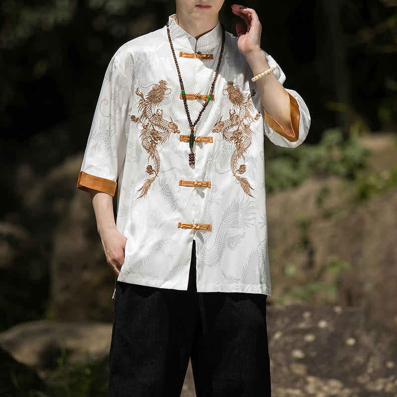 Nimara Ritual Embroidered Dragon Pattern Colorblock Design Tang Suit Men's Frog-Button Half Sleeve Shirt