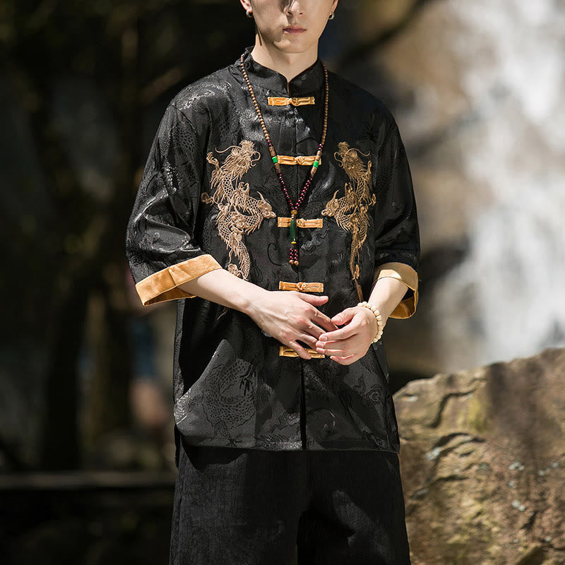 Nimara Ritual Embroidered Dragon Pattern Colorblock Design Tang Suit Men's Frog-Button Half Sleeve Shirt