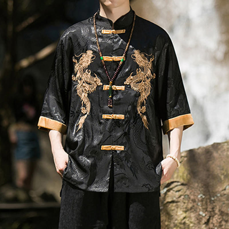 Nimara Ritual Embroidered Dragon Pattern Colorblock Design Tang Suit Men's Frog-Button Half Sleeve Shirt