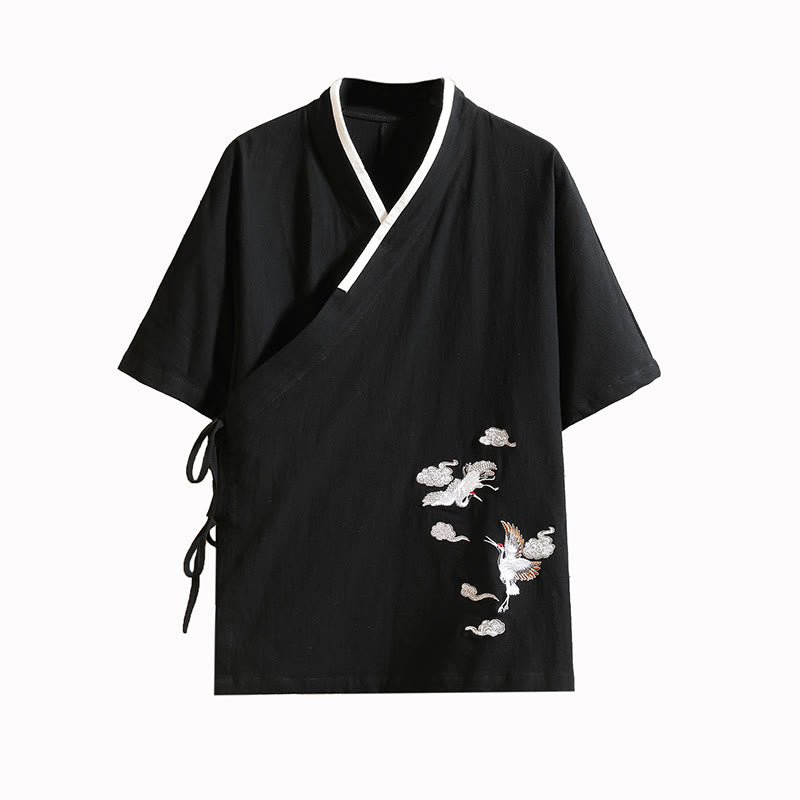 Nimara Ritual Embroidered Crane Auspicious Cloud Pattern Open Front Short Sleeve Jacket Men's Cotton Kimono