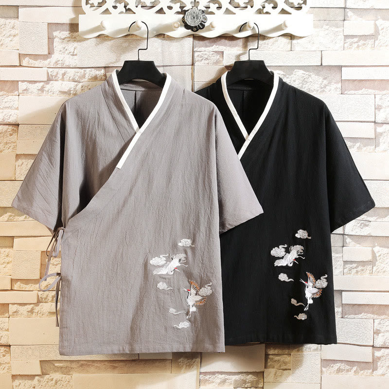 Nimara Ritual Embroidered Crane Auspicious Cloud Pattern Open Front Short Sleeve Jacket Men's Cotton Kimono