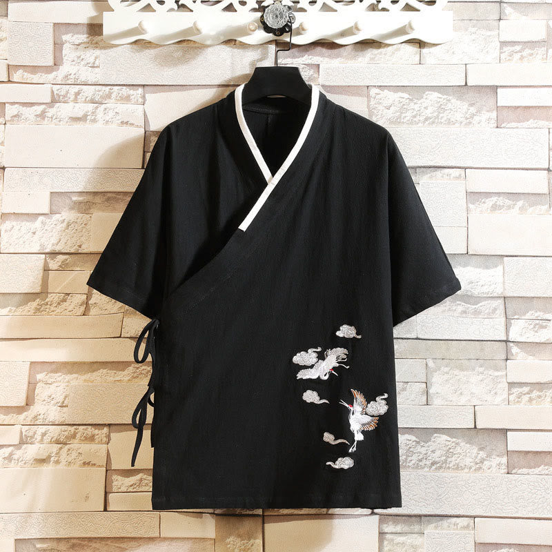 Nimara Ritual Embroidered Crane Auspicious Cloud Pattern Open Front Short Sleeve Jacket Men's Cotton Kimono