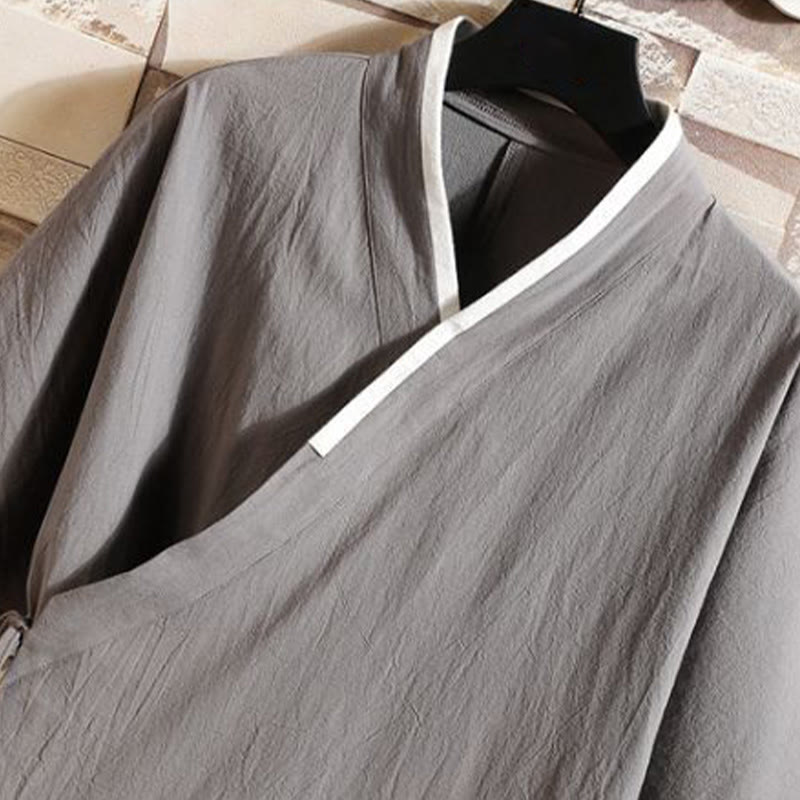 Nimara Ritual Embroidered Crane Auspicious Cloud Pattern Open Front Short Sleeve Jacket Men's Cotton Kimono