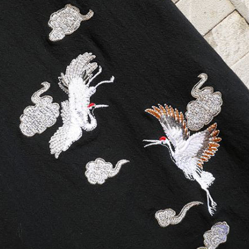 Nimara Ritual Embroidered Crane Auspicious Cloud Pattern Open Front Short Sleeve Jacket Men's Cotton Kimono
