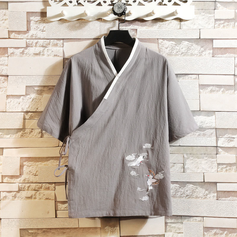 Nimara Ritual Embroidered Crane Auspicious Cloud Pattern Open Front Short Sleeve Jacket Men's Cotton Kimono