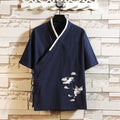 Nimara Ritual Embroidered Crane Auspicious Cloud Pattern Open Front Short Sleeve Jacket Men's Cotton Kimono