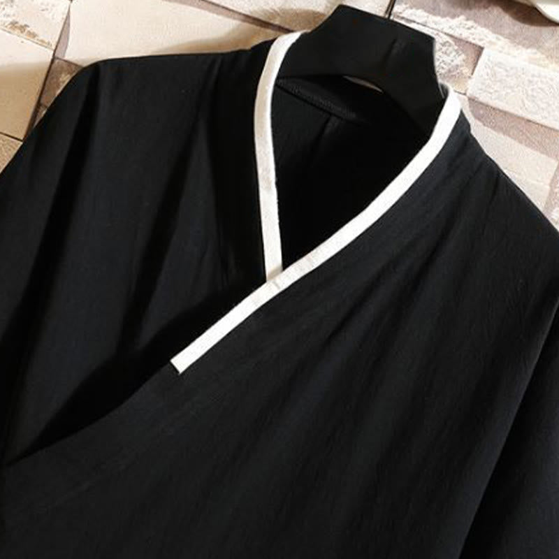 Nimara Ritual Embroidered Crane Auspicious Cloud Pattern Open Front Short Sleeve Jacket Men's Cotton Kimono