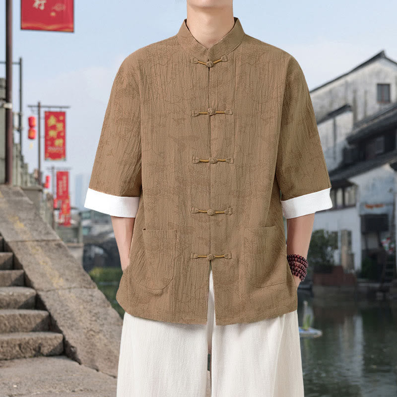 Nimara Ritual Summer Crane Pine Tree Pattern Tang Suit Men's Frog-Button Half Sleeve Cotton Shirt With Pockets