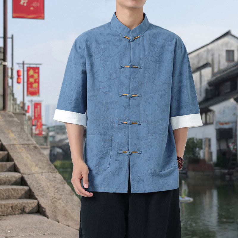 Nimara Ritual Summer Crane Pine Tree Pattern Tang Suit Men's Frog-Button Half Sleeve Cotton Shirt With Pockets