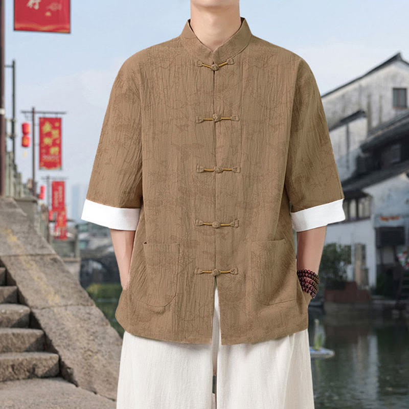 Nimara Ritual Summer Crane Pine Tree Pattern Tang Suit Men's Frog-Button Half Sleeve Cotton Shirt With Pockets