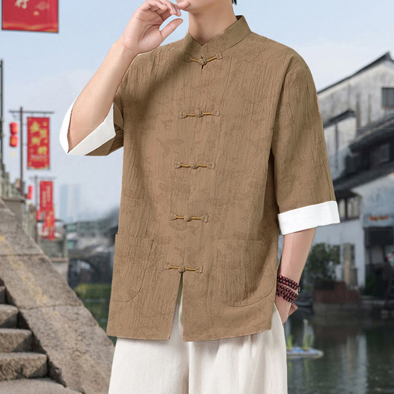 Nimara Ritual Summer Crane Pine Tree Pattern Tang Suit Men's Frog-Button Half Sleeve Cotton Shirt With Pockets