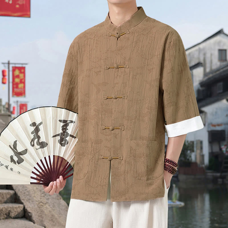 Nimara Ritual Summer Crane Pine Tree Pattern Tang Suit Men's Frog-Button Half Sleeve Cotton Shirt With Pockets