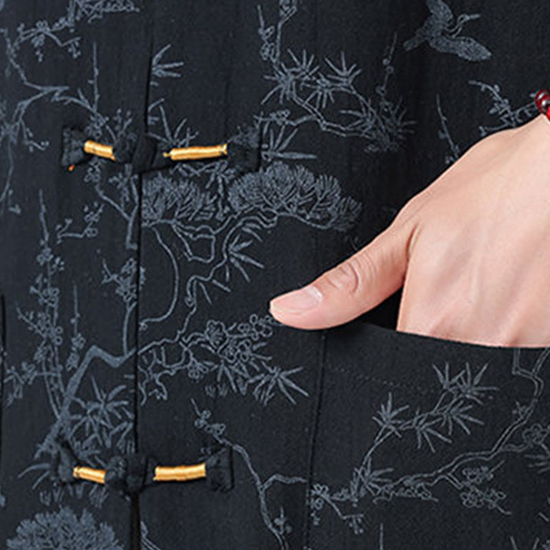 Nimara Ritual Summer Crane Pine Tree Pattern Tang Suit Men's Frog-Button Half Sleeve Cotton Shirt With Pockets