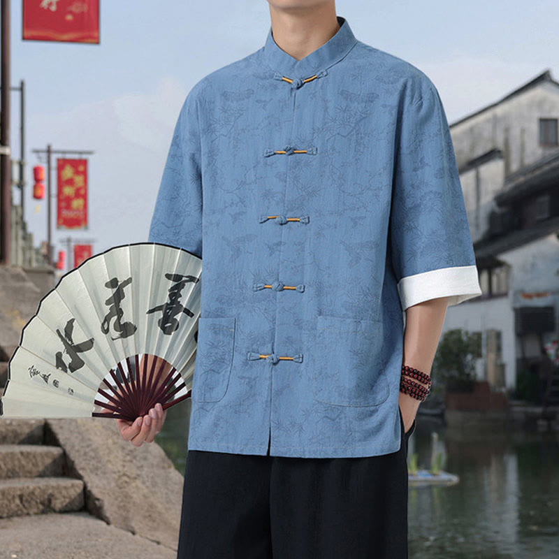 Nimara Ritual Summer Crane Pine Tree Pattern Tang Suit Men's Frog-Button Half Sleeve Cotton Shirt With Pockets