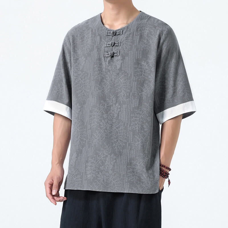 Nimara Ritual Summer Flowers Grass Pattern Tang Suit Men's Frog-Button Half Sleeve Cotton Shirt
