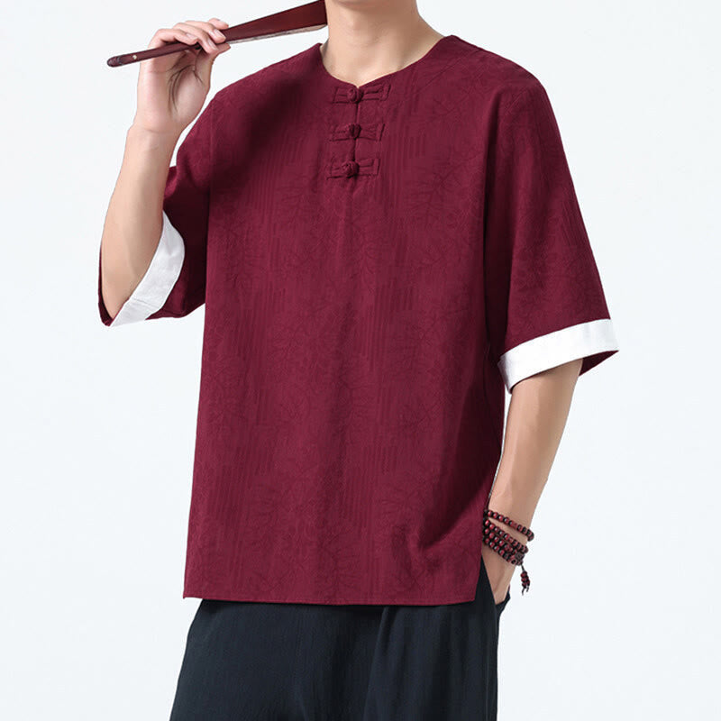 Nimara Ritual Summer Flowers Grass Pattern Tang Suit Men's Frog-Button Half Sleeve Cotton Shirt