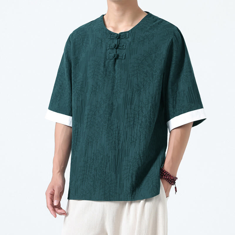 Nimara Ritual Summer Flowers Grass Pattern Tang Suit Men's Frog-Button Half Sleeve Cotton Shirt