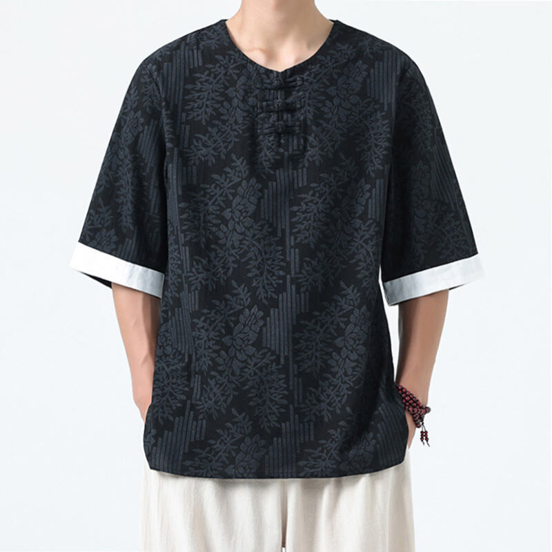 Nimara Ritual Summer Flowers Grass Pattern Tang Suit Men's Frog-Button Half Sleeve Cotton Shirt