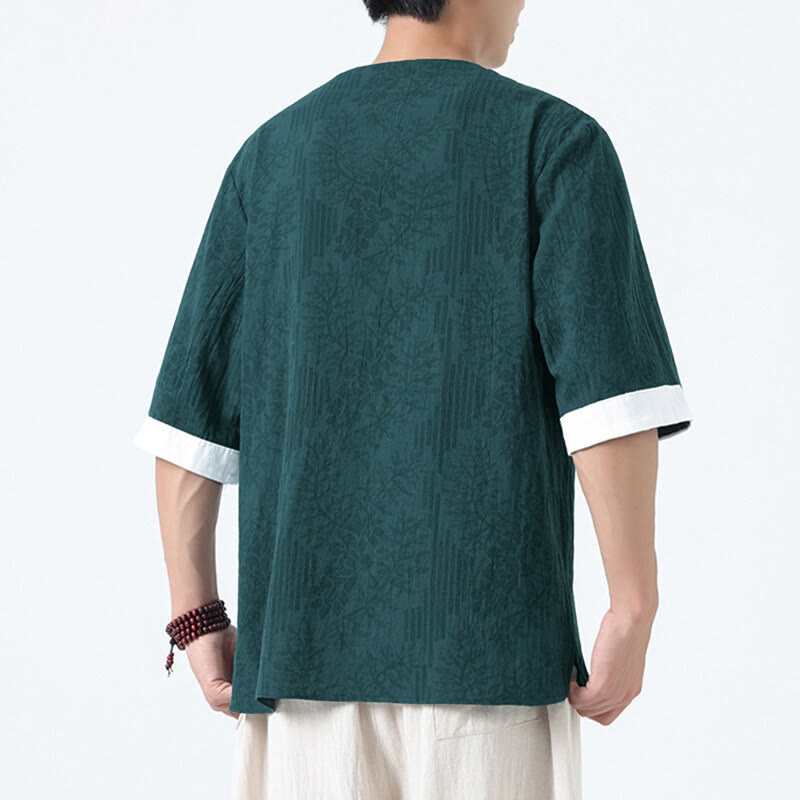 Nimara Ritual Summer Flowers Grass Pattern Tang Suit Men's Frog-Button Half Sleeve Cotton Shirt
