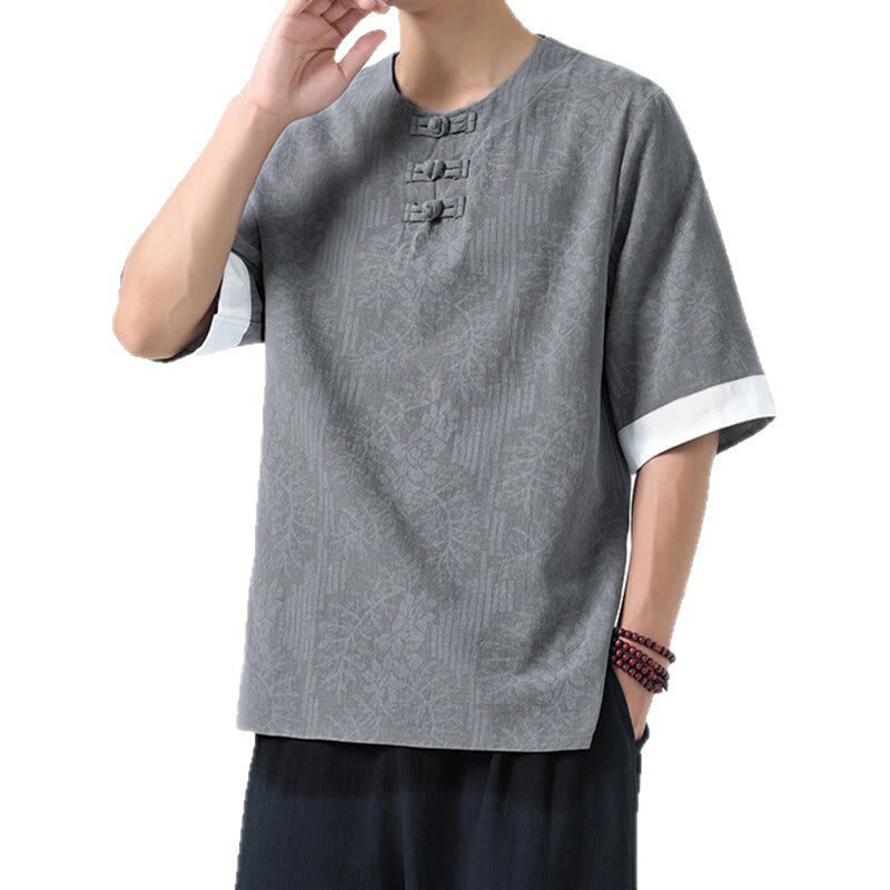Nimara Ritual Summer Flowers Grass Pattern Tang Suit Men's Frog-Button Half Sleeve Cotton Shirt