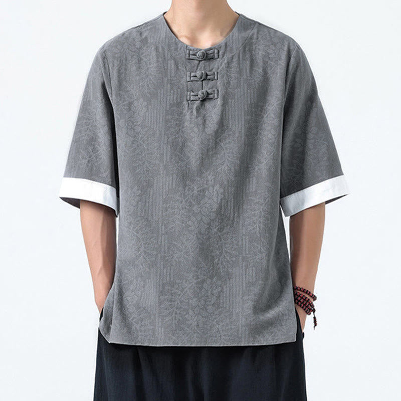 Nimara Ritual Summer Flowers Grass Pattern Tang Suit Men's Frog-Button Half Sleeve Cotton Shirt