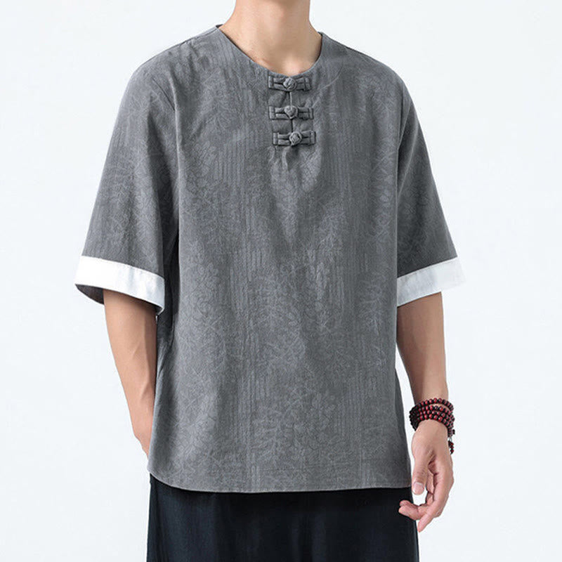 Nimara Ritual Summer Flowers Grass Pattern Tang Suit Men's Frog-Button Half Sleeve Cotton Shirt