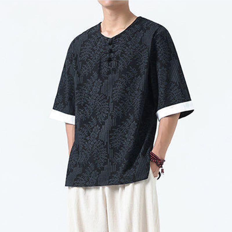 Nimara Ritual Summer Flowers Grass Pattern Tang Suit Men's Frog-Button Half Sleeve Cotton Shirt