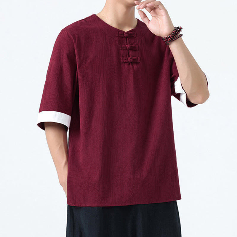 Nimara Ritual Summer Flowers Grass Pattern Tang Suit Men's Frog-Button Half Sleeve Cotton Shirt