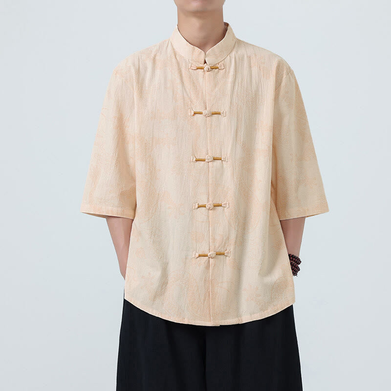 Nimara Ritual Summer Dragon Auspicious Clouds Pattern Tang Suit Men's Frog-Button Half Sleeve Cotton Shirt