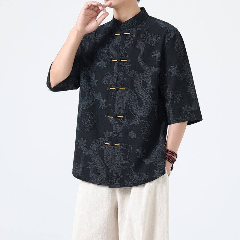 Nimara Ritual Summer Dragon Auspicious Clouds Pattern Tang Suit Men's Frog-Button Half Sleeve Cotton Shirt