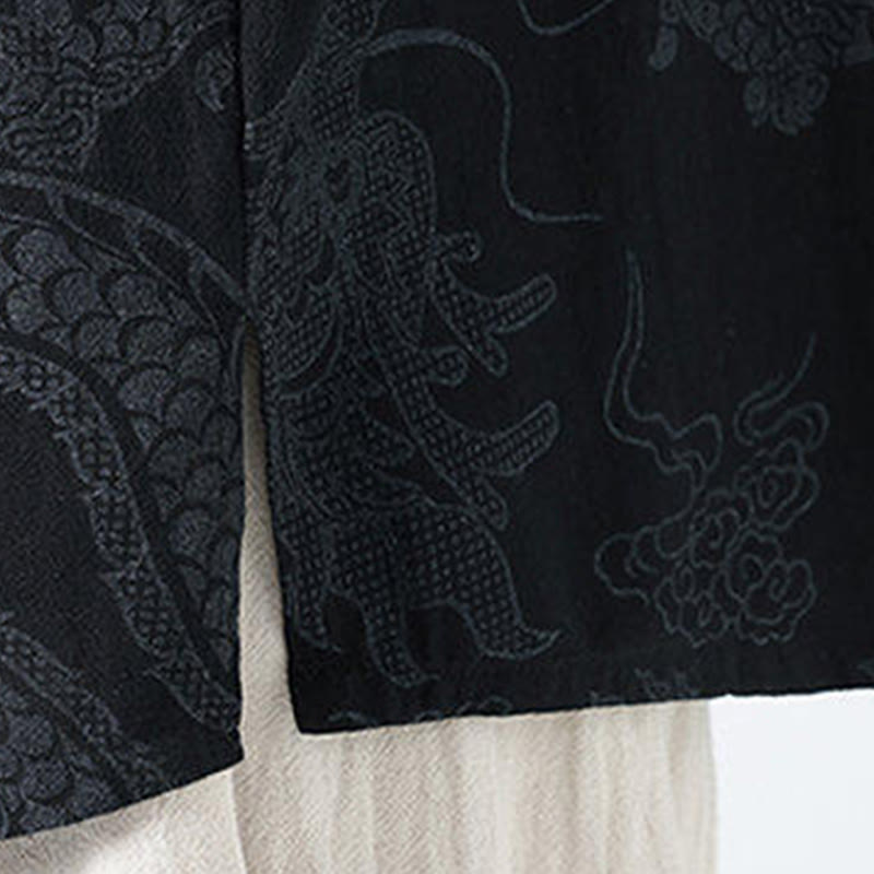 Nimara Ritual Summer Dragon Auspicious Clouds Pattern Tang Suit Men's Frog-Button Half Sleeve Cotton Shirt