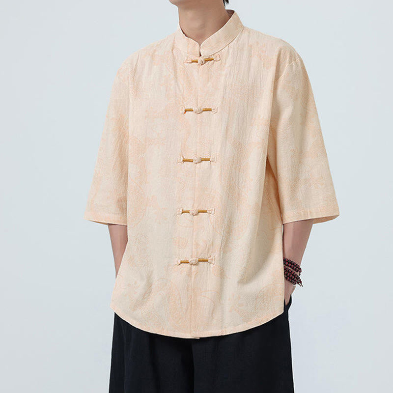 Nimara Ritual Summer Dragon Auspicious Clouds Pattern Tang Suit Men's Frog-Button Half Sleeve Cotton Shirt