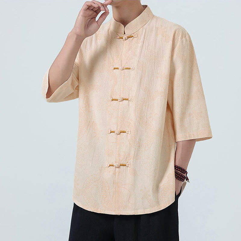 Nimara Ritual Summer Dragon Auspicious Clouds Pattern Tang Suit Men's Frog-Button Half Sleeve Cotton Shirt
