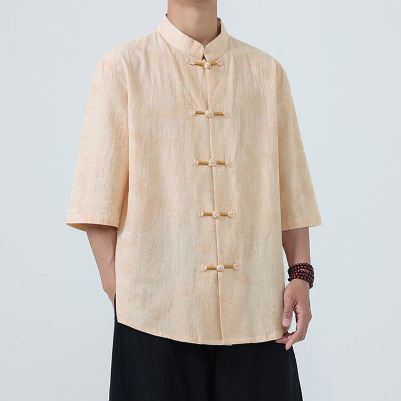 Nimara Ritual Summer Dragon Auspicious Clouds Pattern Tang Suit Men's Frog-Button Half Sleeve Cotton Shirt