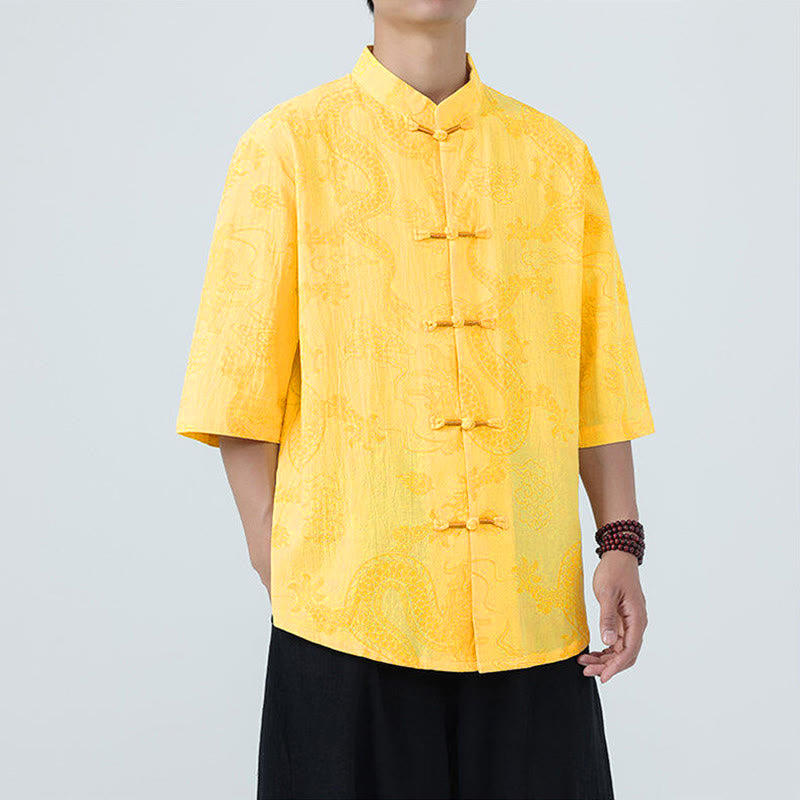 Nimara Ritual Summer Dragon Auspicious Clouds Pattern Tang Suit Men's Frog-Button Half Sleeve Cotton Shirt